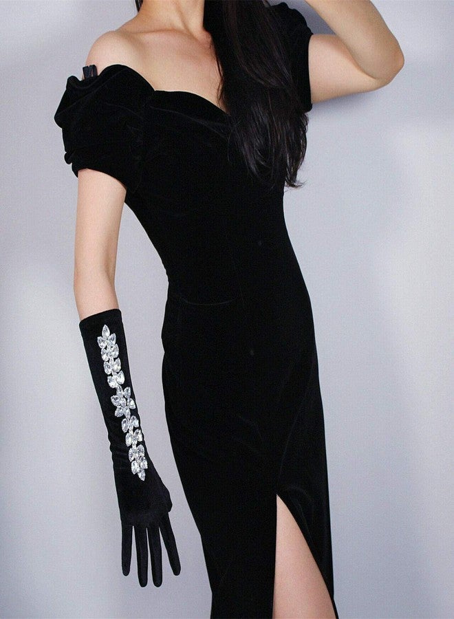 DooWay Black Velvet Gloves with Flower Blossom Crystal Rhinestone Chain Stretch Elbow Evening Party Gloves - Image 4